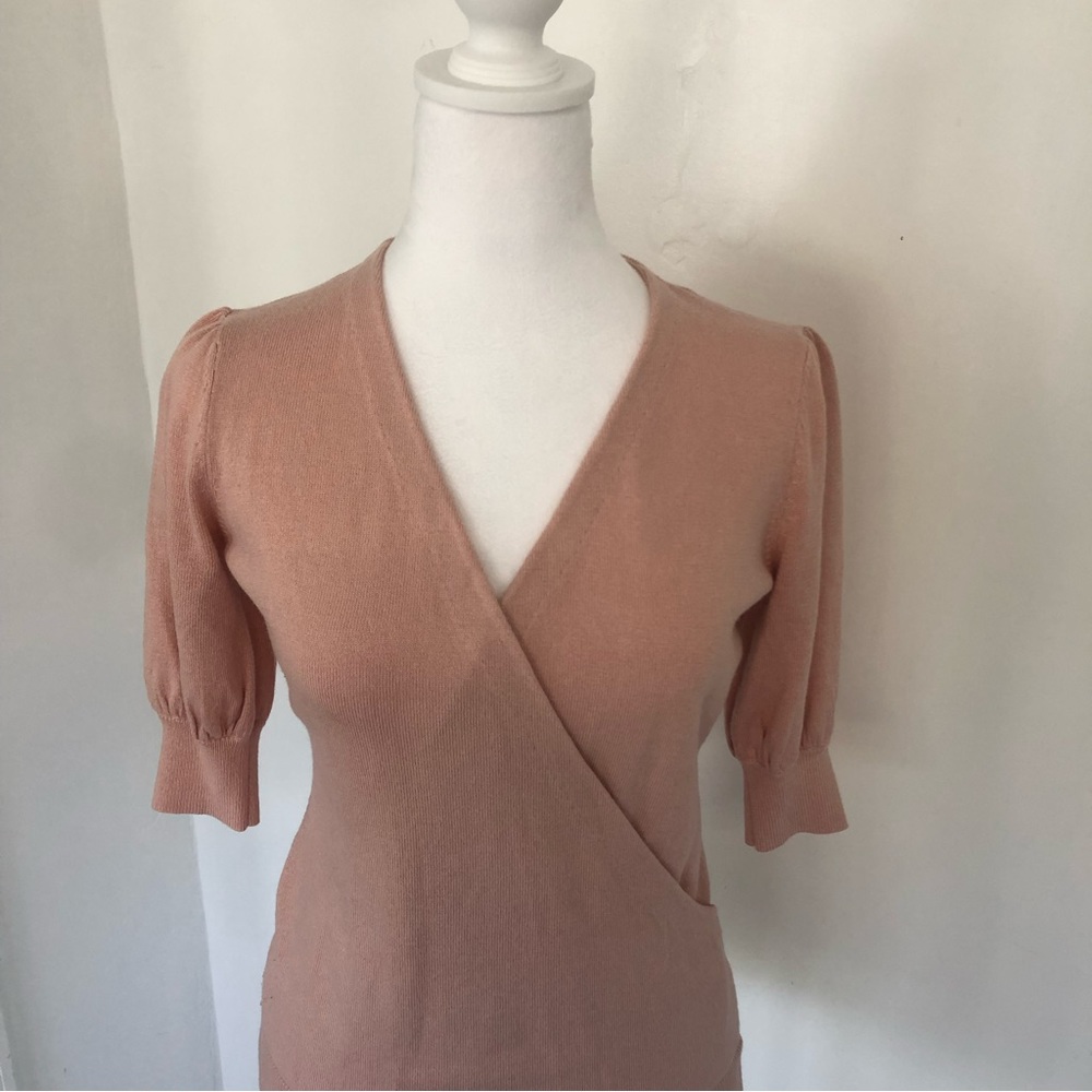 ANN TAYLOR Women’s Pale Pink V-Neck Elbow Sleeve Wrap Blouse Sz XS